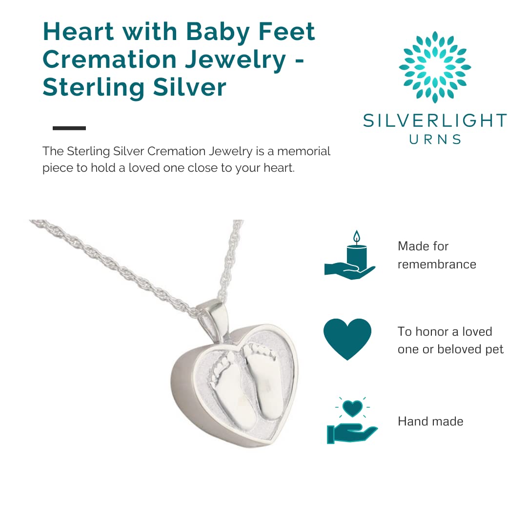 Sterling Silver Heart with Baby Feet Pendant Necklace - Cremation Jewelry for Ashes - Memorial Keepsake for Loved Ones - Perfect for Remembrance, Grieving & Special Occasions