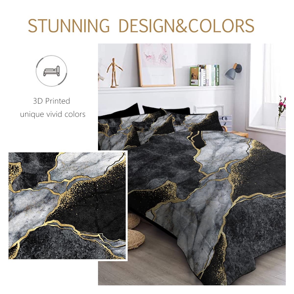 BlessLiving Black Gold White Marble Comforter Set King - 8 Piece Luxury Modern Bed in a Bag with Comforter & Sheets, Abstract Design Bedding Set for Master Bedroom, Guest Room & Hotel Decor