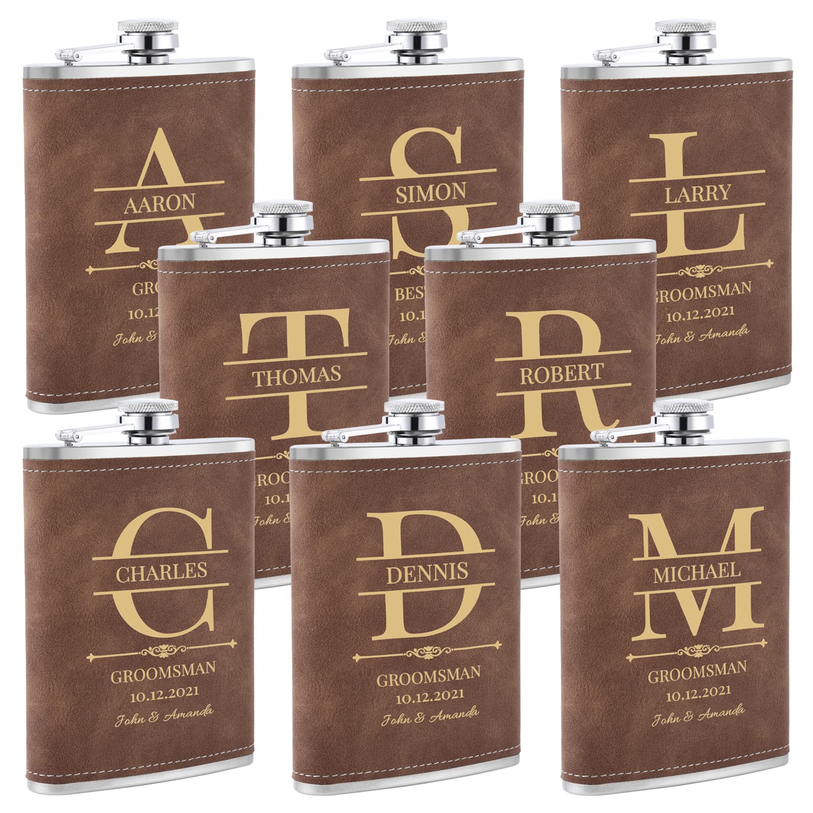 Personalized Stainless Steel Hip Flask Set of 8 - Engraved 304 Steel Groomsmen Gift for Wedding, Best Man, Father of Bride - Perfect for Bachelor Parties, Weddings & Special Occasions (Brown)