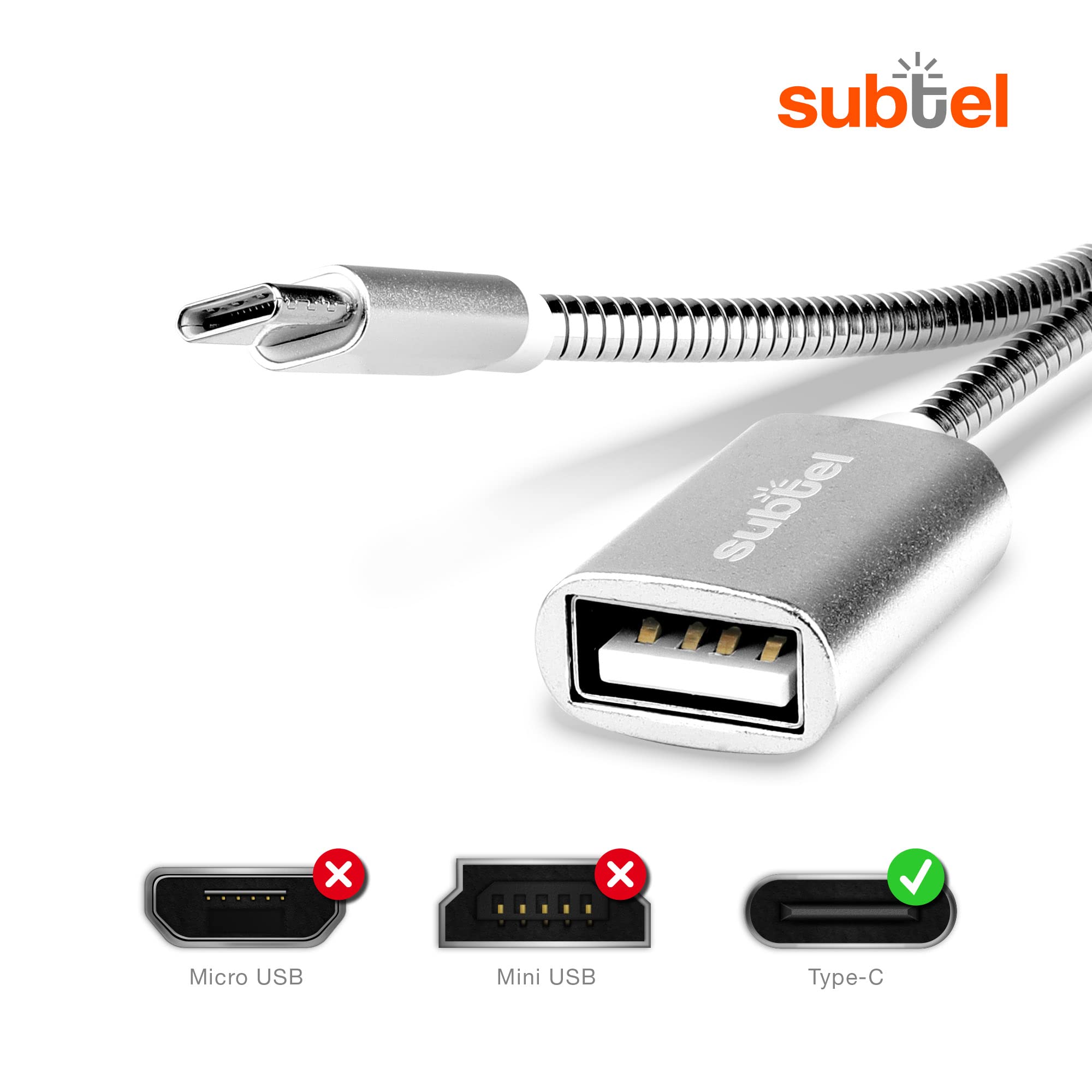 Subtle USB C to USB A OTG Cable - 15cm Silver for Smartphones & Tablets