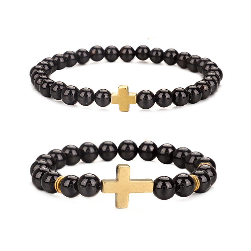 KSQS Semi-Precious Stone Beads Bracelet for Women & Men - Tiger Eye, Hematite, Obsidian Cross Protection Healing Bracelet - Yoga, Meditation, Spiritual Healing, Fashion Accessory