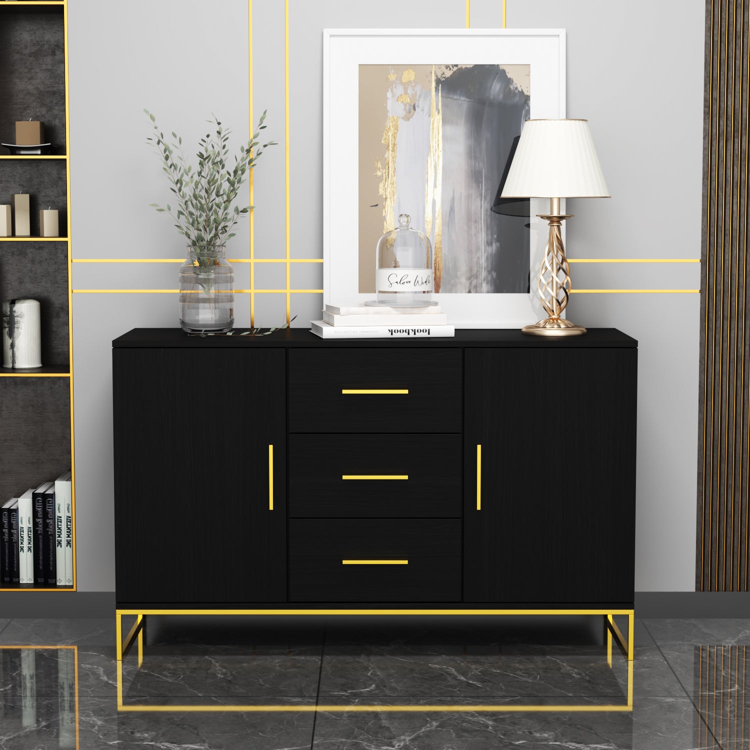 3-Drawer 2-Door Storage Cabinet with Metal Legs - Organizer for Dining Room, Living Room & Office - Perfect for Storing Dishes, Linens & Home Essentials