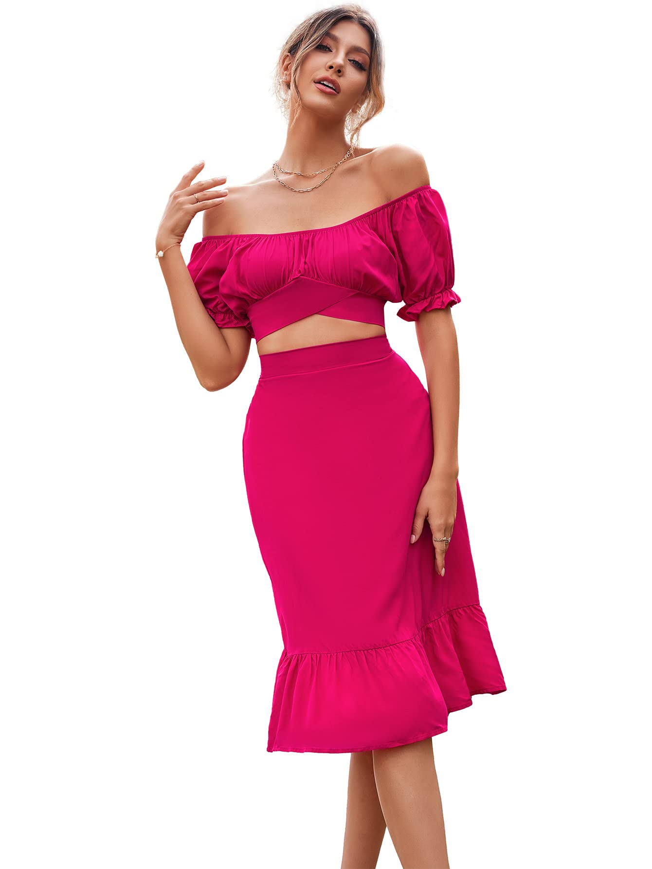 LYANER Women's 2 Piece Floral Print Summer Outfit - Self Tie Knot Crop Top & High Waist Midi Skirt Set | Casual Beach Wear, Vacation Outfit, Boho Chic Fashion