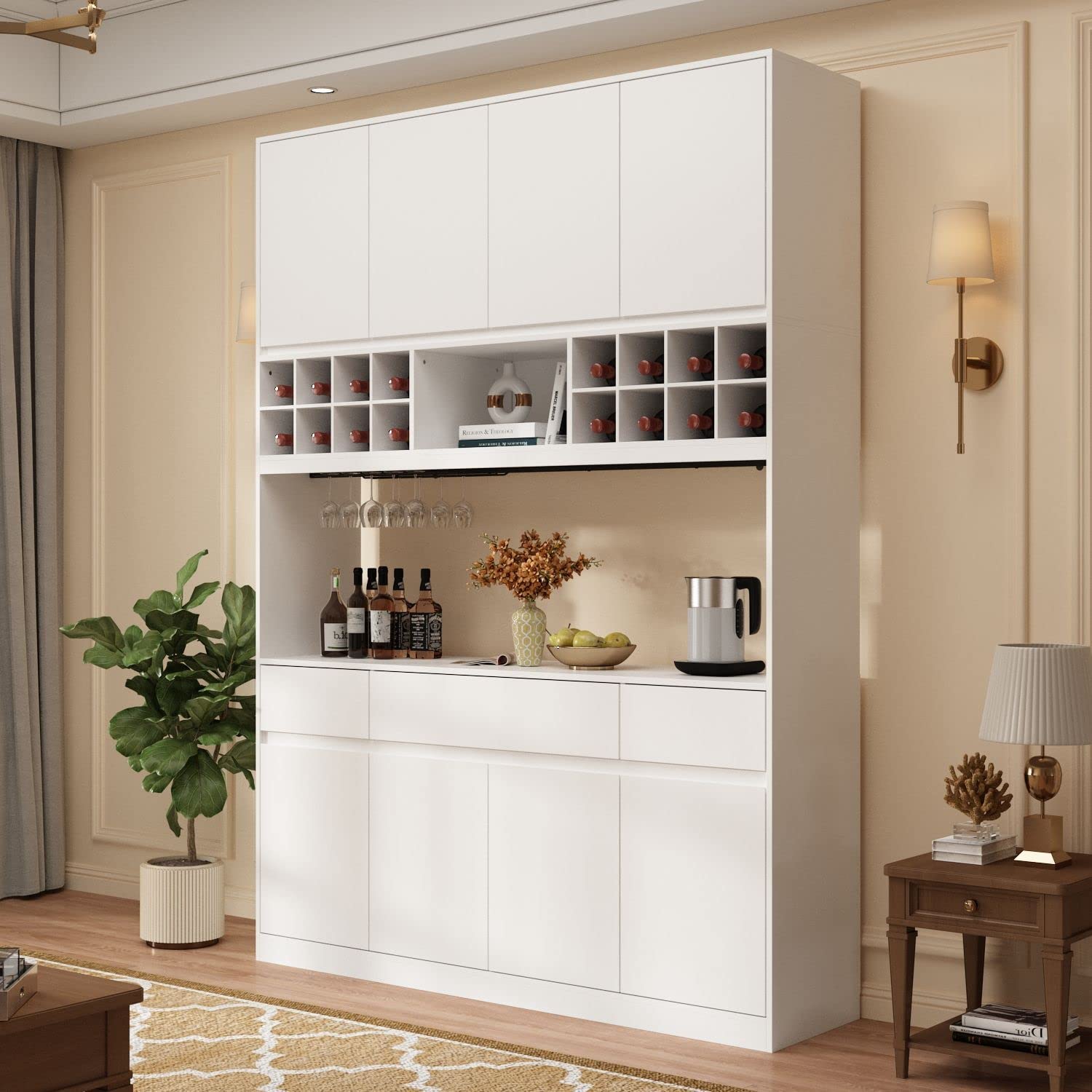 FAMAPY 63-Inch Large Bar Cabinet with Hutch - White Wine Storage Cabinet with Drawers, Glass Holder & Doors - Perfect for Kitchen, Hallway, Dining Room & Home Bar (63”W x 15.8”D x 86.6”H)