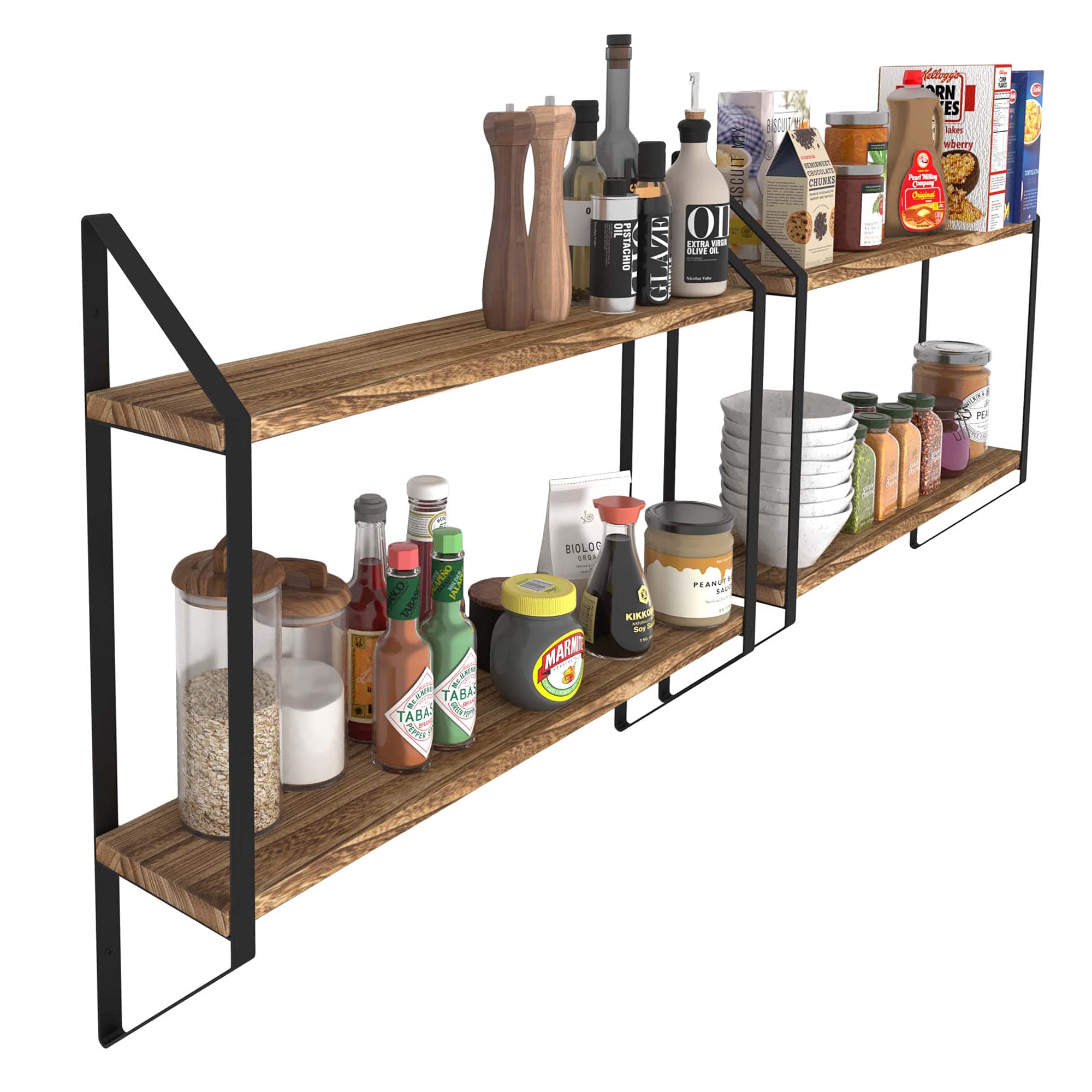 Wallniture Ponza 24 Inch Wood Floating Shelves for Wall - Set of 2, Rustic Natural Burned Finish, 2-Tier Kitchen Pantry Organizer & Storage Shelves - Perfect for Spice Racks, Bathroom Decor, and Living Room Display