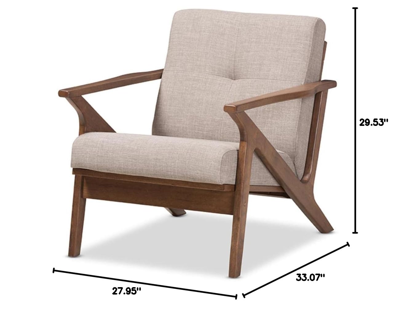 Baxton Studio Bianca Mid-Century Modern Walnut Wood Light Grey Fabric Tufted Lounge Chair - Stylish Accent Chair for Living Room, Office & Reading Nook - Comfortable Upholstered Armchair with Wooden Legs