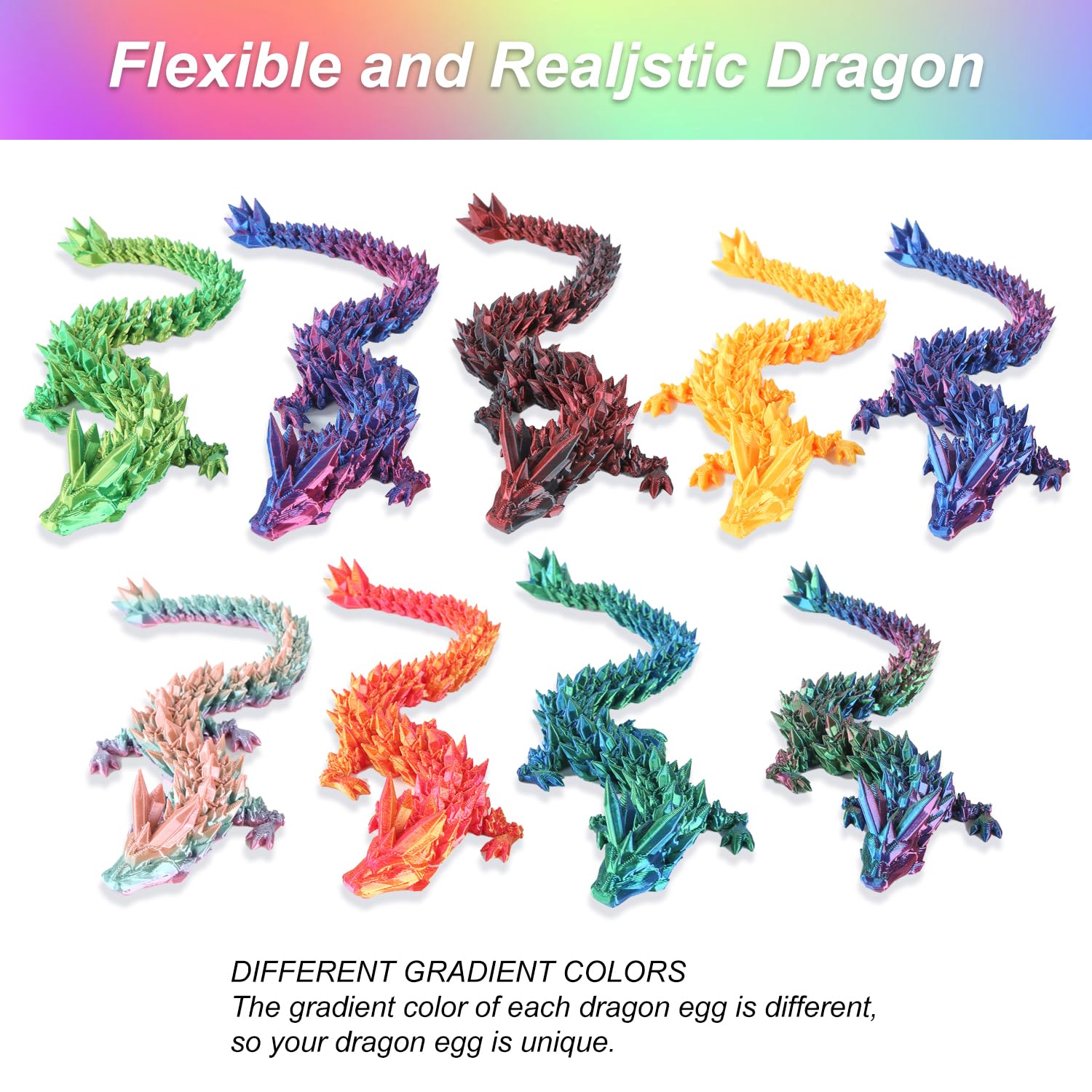 3D Printed Crystal Dragon - 12 Inch Flexible Articulated Dragon Model Set of 3, Desk Decor for Home & Office, Fidget Toys for Adults with ADHD/Autism (Rainbow, Red, Gold, Green) - Perfect for Stress Relief, Creative Display and Fantasy Collections