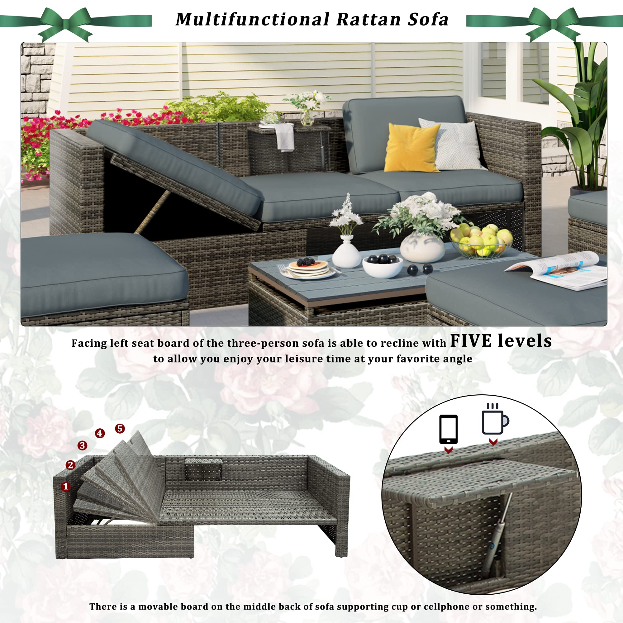 5-Piece Outdoor Patio Furniture Set - Wicker Sofa with Adjustable Backrest, Cushions, Ottomans & Lift-Top Coffee Table - Perfect for Garden, Poolside, Backyard, Balcony (Grey) - Ideal for Relaxing, Entertaining & Outdoor Lounging