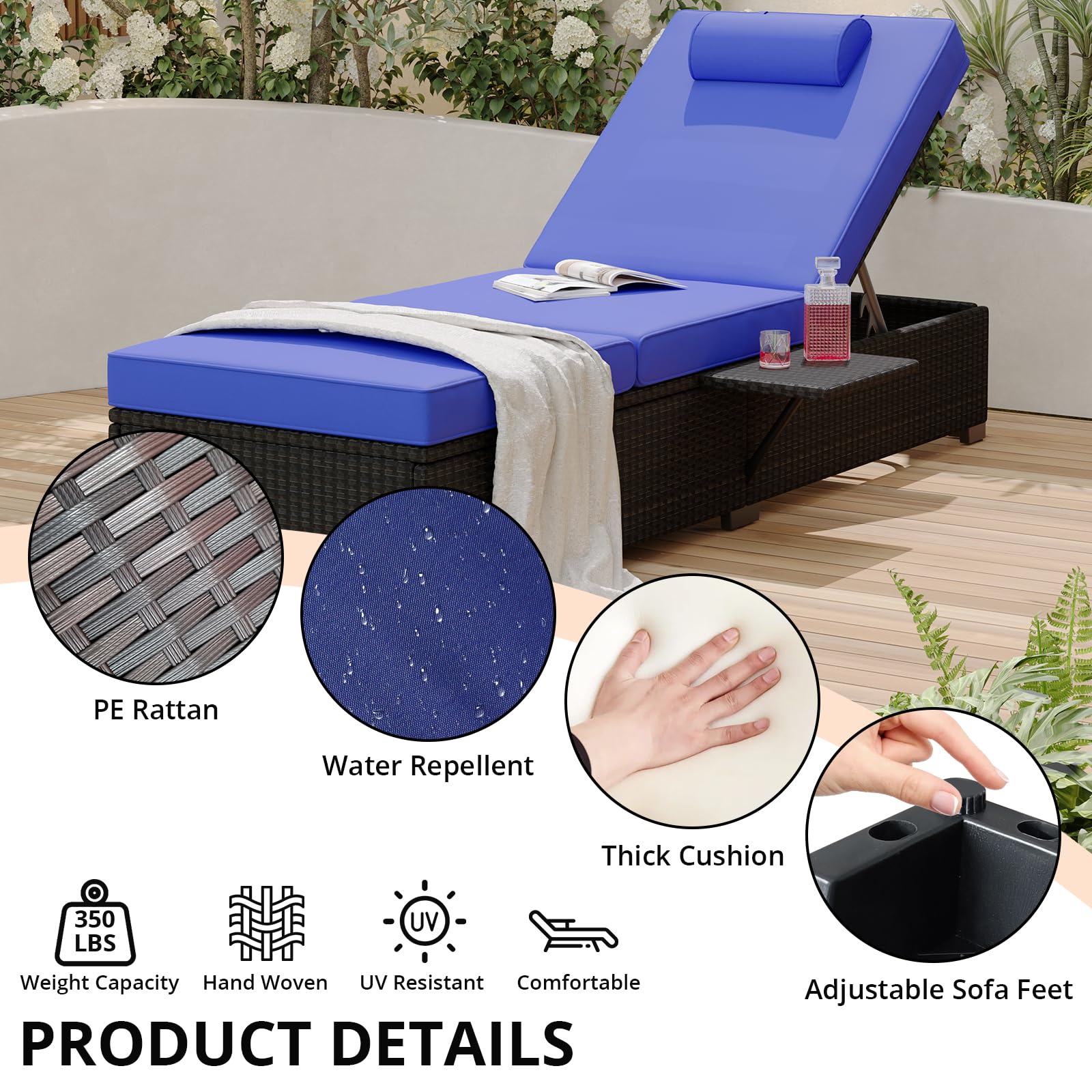 GAOMON 2-Piece Outdoor Patio Lounge Chair Set - Adjustable PE Wicker Chaise Lounge with Storage Table - Brown Rattan Poolside Furniture for Backyard, Garden & Beach Relaxation