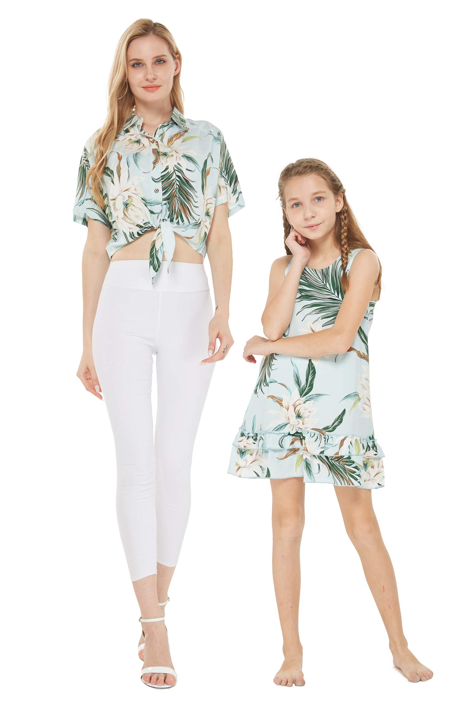 Matching Luau Mother Daughter Tie Front Top Tank Ruffle Dress - Light Blue Floral Summer Outfit for Beach Vacation, Family Photos & Hawaiian Party