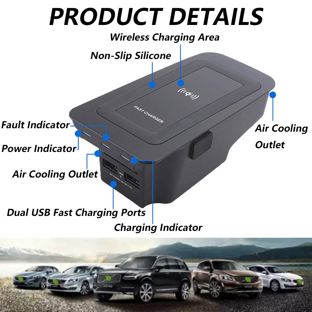 Volvo S90 V90 XC90 XC60 V60 S60 Wireless Car Charger (2020-2019 Models) - 10W Qi Fast Charging Pad with Dual 18W QC3.0 USB Ports for iPhone & Samsung - Perfect for Commuting & Road Trips