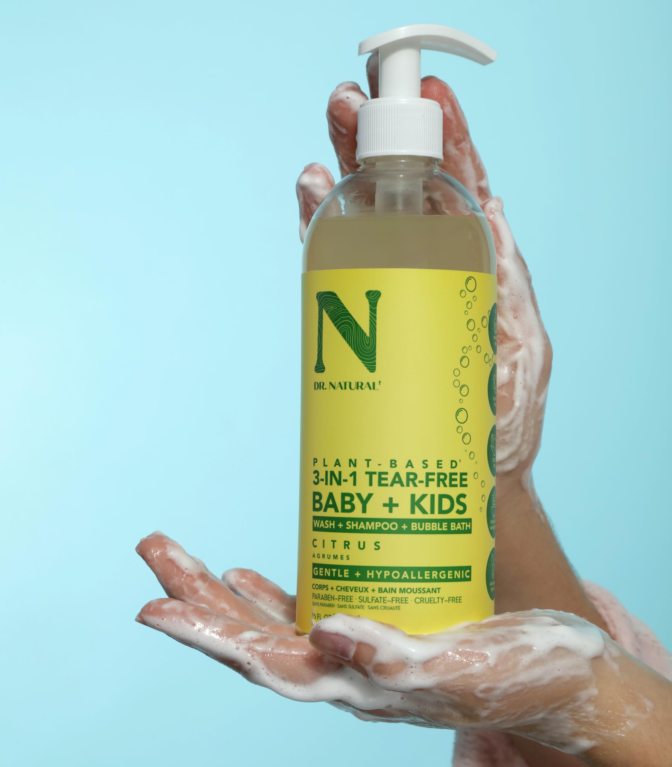 Dr. Natural 3-in-1 Tear-Free Baby & Kids Soap - Citrus Scented 16 oz | Plant-Based Baby Shampoo, Body Wash & Bubble Bath | Sulfate-Free, Paraben-Free, Hypoallergenic for Sensitive Skin | Infused with Essential Oils | Perfect for Newborns, Toddlers & Children's Daily Bath Time