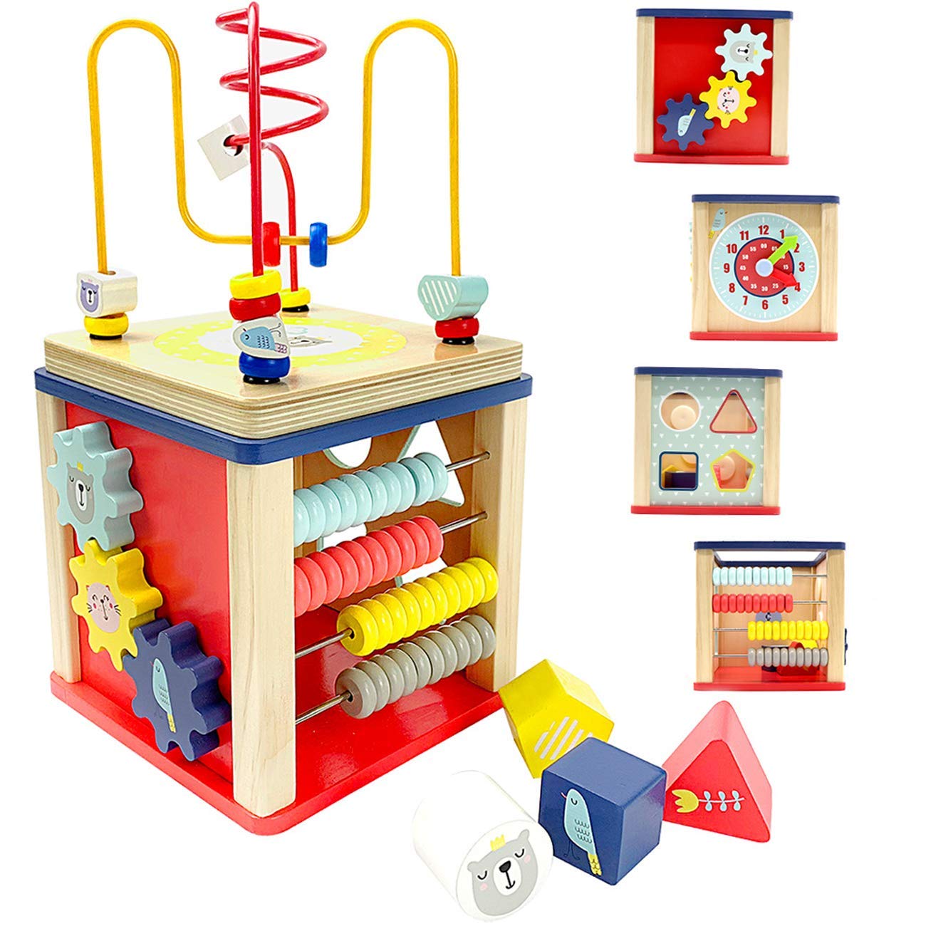 LEO & FRIENDS 5-in-1 Activity Cube Wooden Toys for 1-2 Year Old Girls, Montessori Bead Maze & Shape Sorter, Preschool Learning Toys for 12-18 Months, Perfect for Home, Daycare & Travel