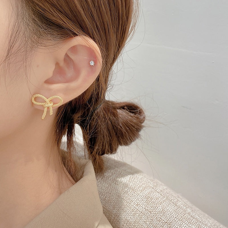 Mini Gold Bow Textured Knot Ribbon Stud Earrings for Women – Elegant Dainty Jewelry Gift for Bridesmaids, Valentine's Day & Special Occasions | D3043