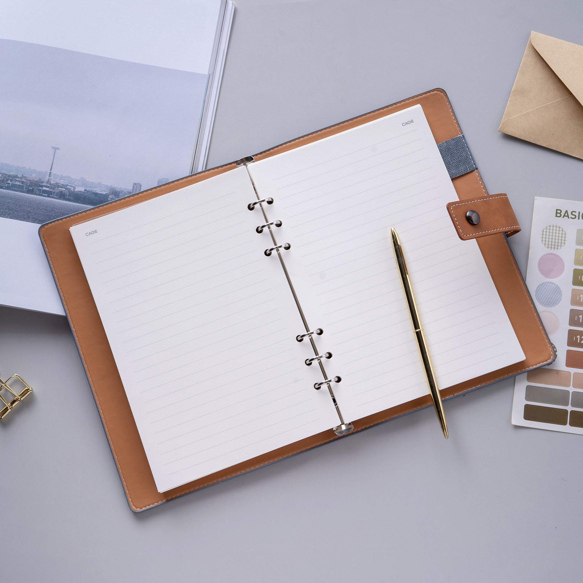 Refillable Faux Leather Traveler Notebook - 6 Ring Binder Organizer with Lined/Grid/Blank Paper & Calendar | Perfect for Journaling, Planning & Travel | A5 Size for Women & Men (CAGIE)