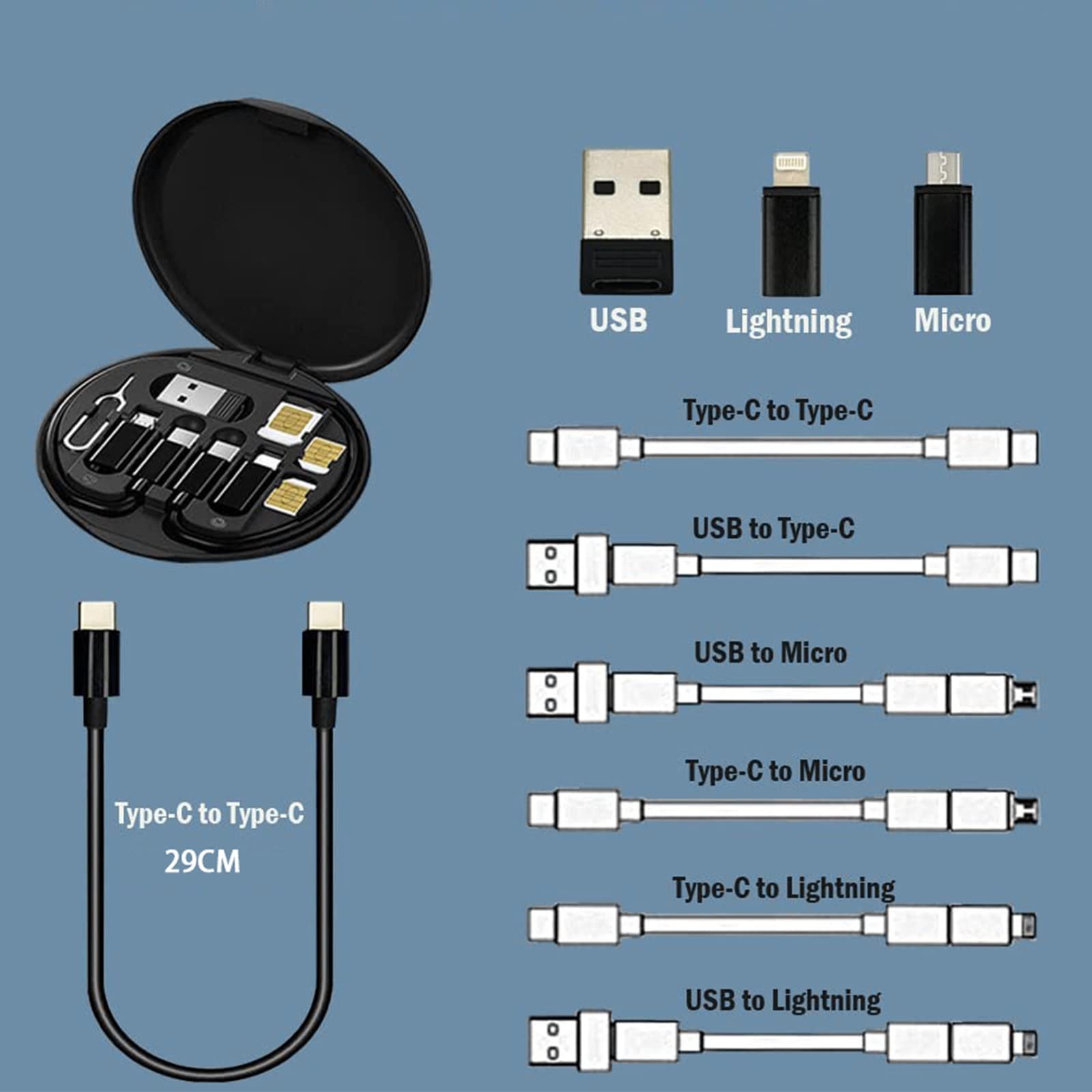 2023 New 9-in-1 Multi-Function Cable Organizer Case - Fast Charging USB C/Micro/Lightning Adapter Kit with 60W PD Charger - Portable Travel Cable Storage Box for iPhone, Android, iPad, Laptop - Perfect for Home, Office & Travel (Black, 1pc)
