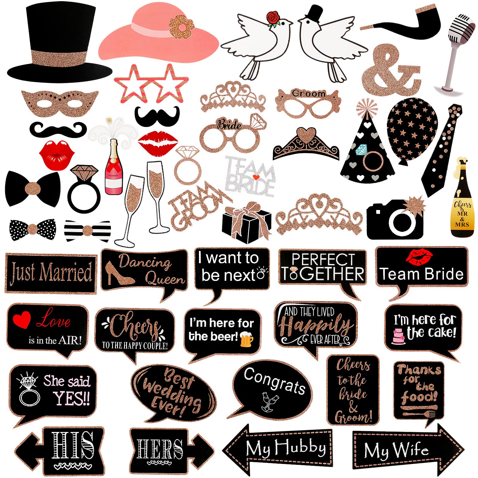 60Pcs Rose Gold Glitter Wedding Photo Booth Props - Bridal Shower, Bachelorette Party Decorations & Photo Accessories for Wedding, Engagement, Anniversary Celebrations (Perfect for Instagram & Social Media Photos)