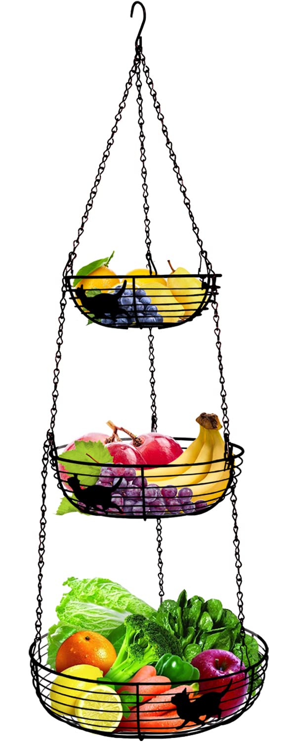 3-Tier Hanging Fruit and Vegetable Basket Organizer - Space Saving Kitchen Storage with 2 Metal Hooks, Detachable Wire Baskets - Perfect for Small Kitchens, Pantries, or RVs - Cute Cat Design in Black