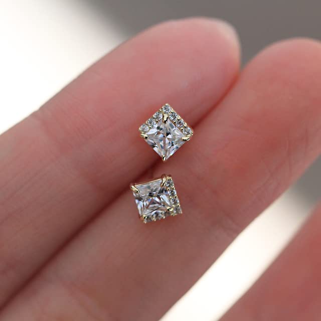 925 Sterling Silver & Gold Plated Small Square Crystal Stud Earrings for Women - Minimalist Wedding Jewelry, Gift for Her, Party & Everyday Wear