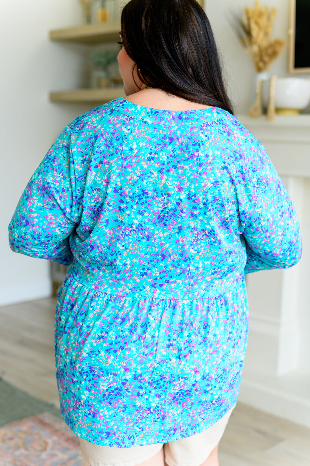Lizzy Babydoll Teal Brushstroke Print Women's Casual Top - Perfect for Summer Outfits, Beachwear & Boho Fashion