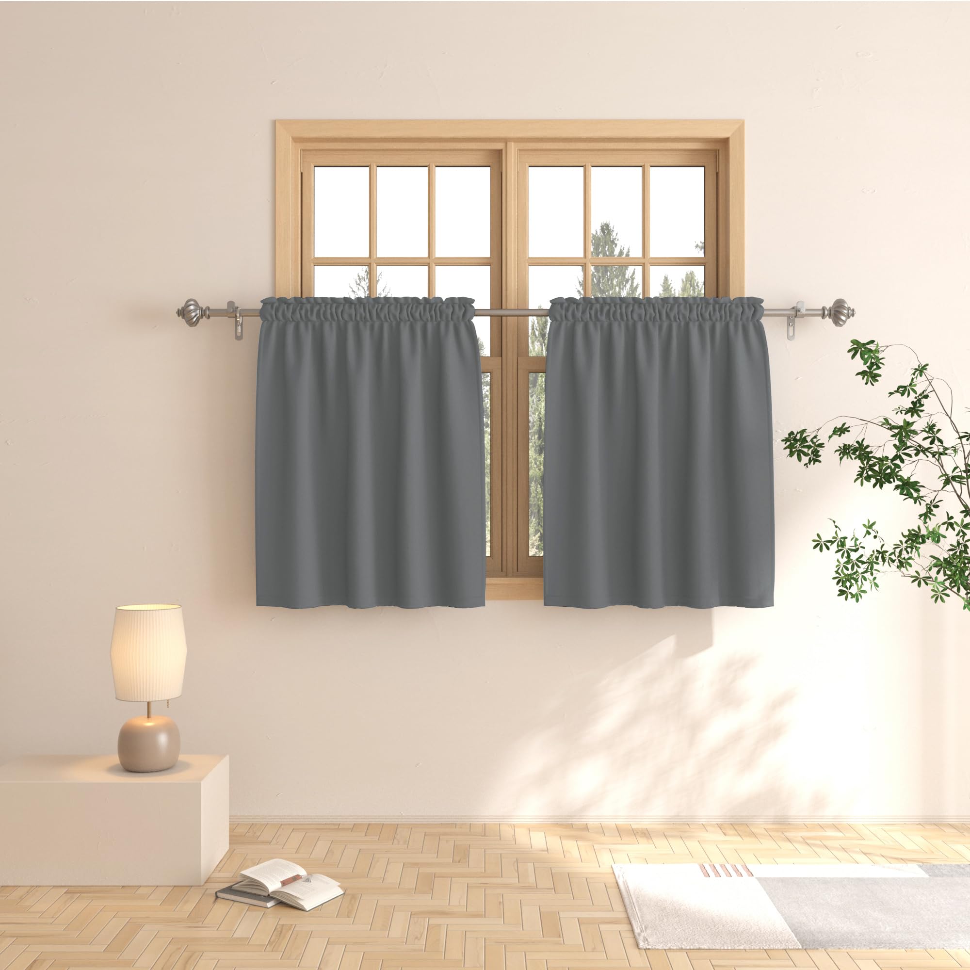 Blackout Tier Curtains - 30 Inch Room Darkening Window Treatment for Kitchen, Bathroom & Basement - Grey Triple Weave Cafe Curtains with Rod Pocket (Set of 2 Panels) - Perfect for Over Sink, Half Windows & Small Spaces