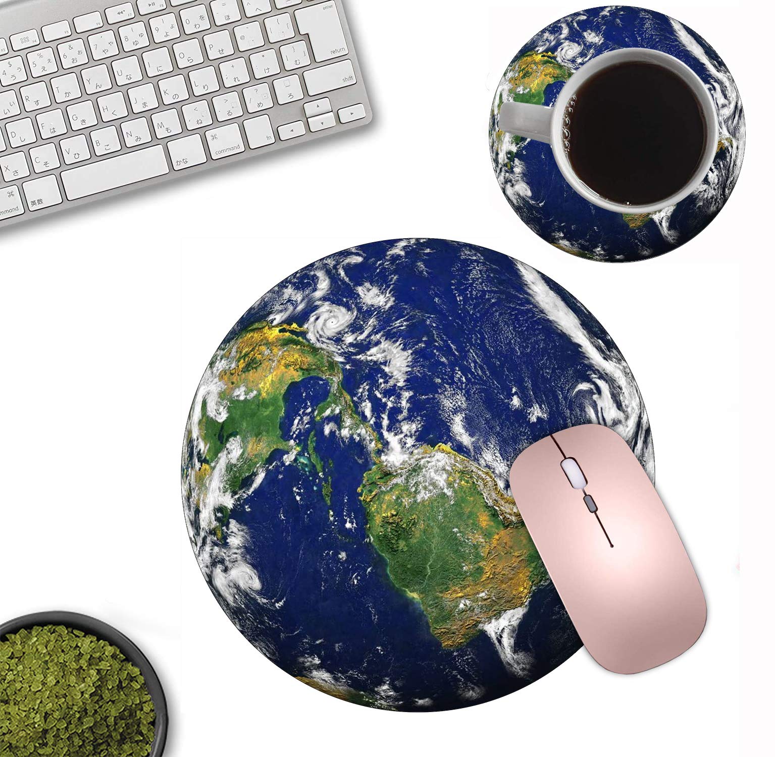 Premium Round Mouse Pad and Coasters Set with Earth Design - Non-Slip Rubber Base for Laptop & Computer - Perfect for Office, Gaming & Home Workspace