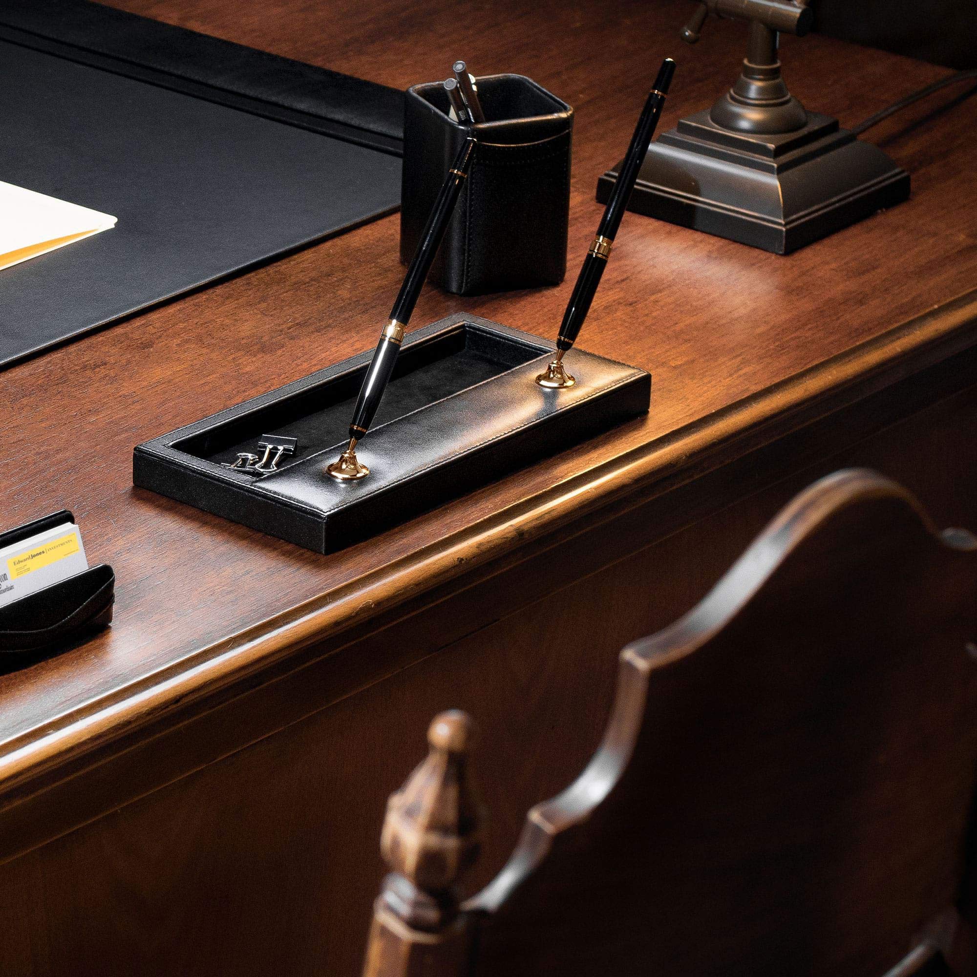 Premium Black Leather Pen Holder with Double Gold Accents - Elegant Desk Organizer for Office, Home & Gift Giving