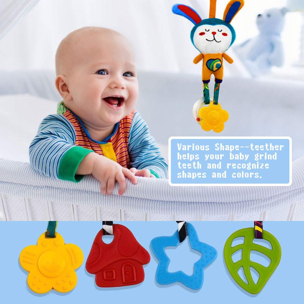 High Contrast Baby Toys for 0-12 Months - Animal Hanging Rattles with Teethers | 4-Pack Infant Sensory Toys for Car Seat & Stroller | Perfect Newborn Birthday Gift for Brain Development & Visual Stimulation