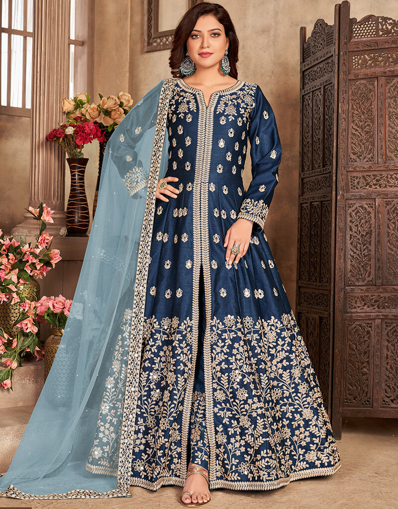 Elegant Blue Art Silk Pant Suit for Women - Formal Office Wear & Evening Party Outfit - Perfect for Business Meetings, Weddings & Special Occasions