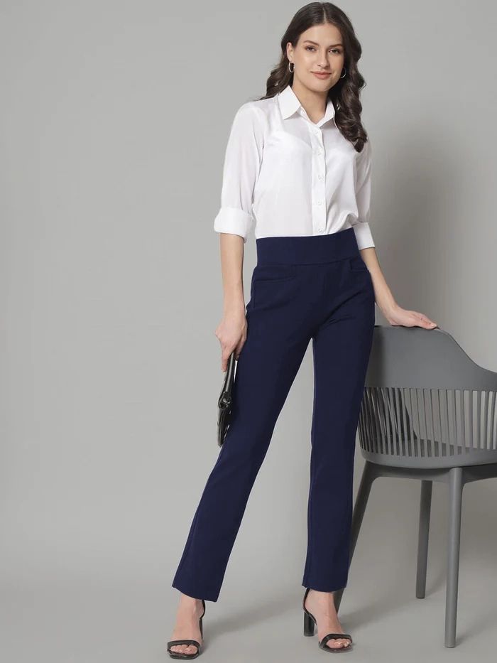 Mid Waist Stretch Tapered Fit Trouser for Women - Comfortable Navy Blue Work Pants for Office & Business Casual Wear