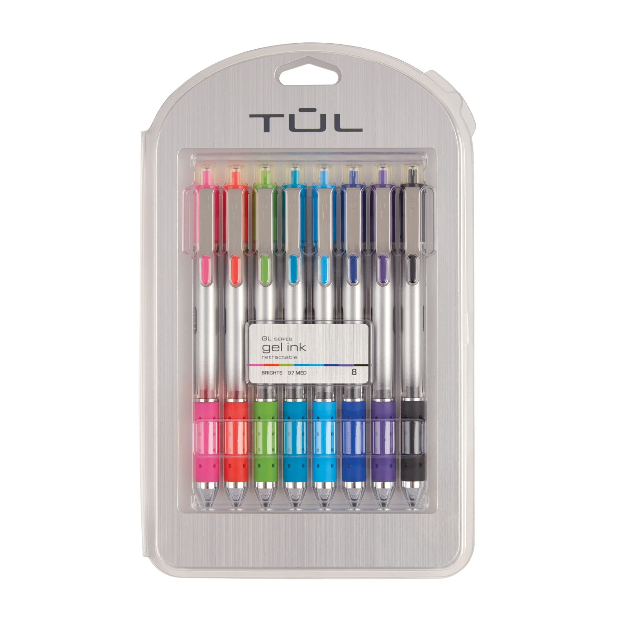 TUL Retractable Gel Pens 0.7mm - 8 Pack Assorted Bright Colors with Gray Barrel for Smooth Writing | Perfect for Office, School, Note Taking & Journaling