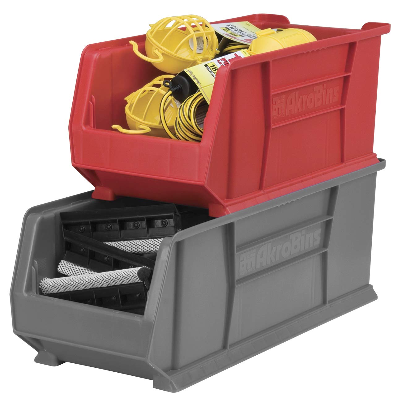 Akro-Mils 30292 Super-Size AkroBins Plastic Storage Bins - 4-Pack Grey Stackable Organizer Bins (30