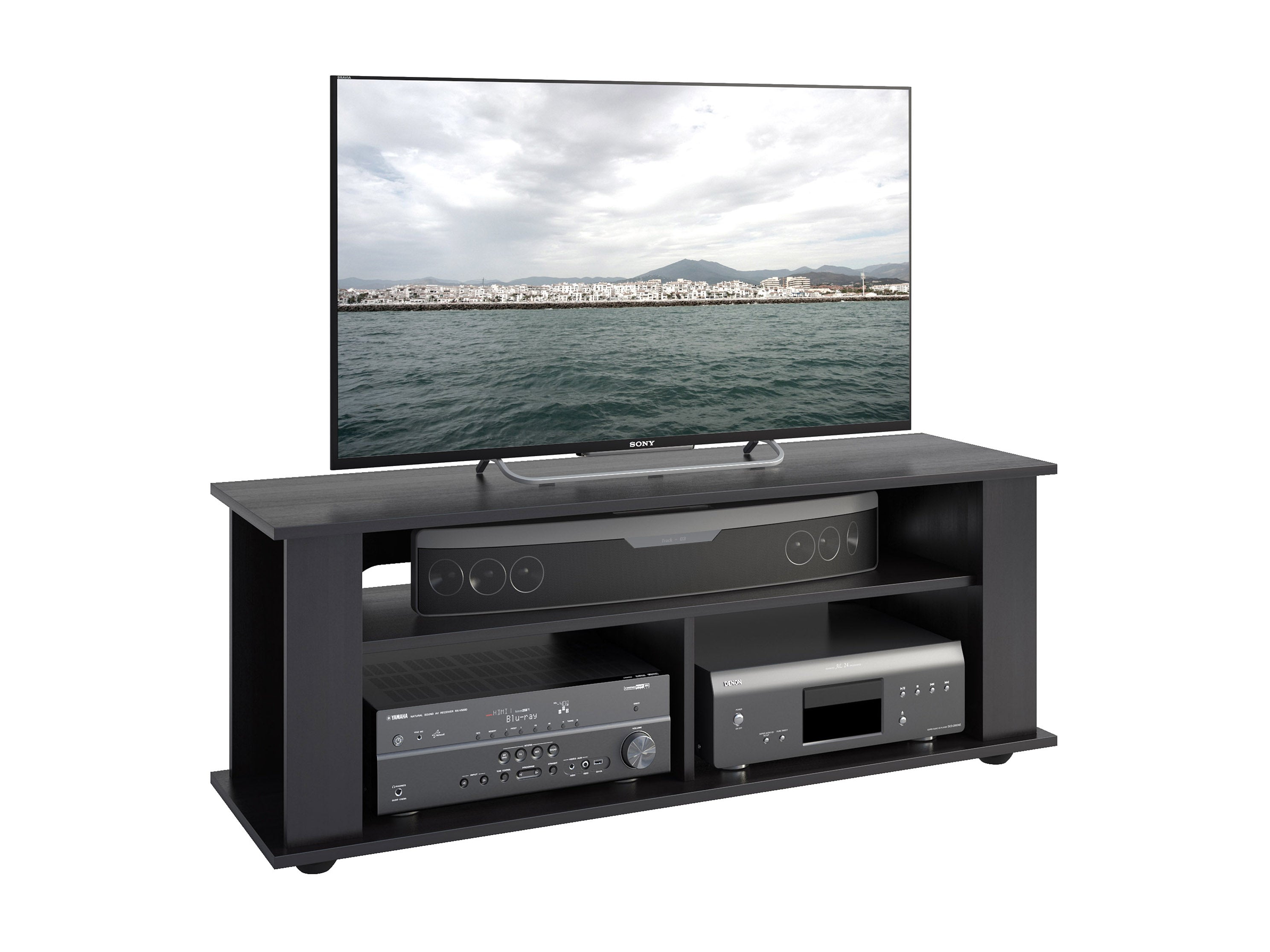 55 Inch Black Wood TV Stand with Storage Shelf - Modern Entertainment Center for Living Room, Bedroom & Home Theater