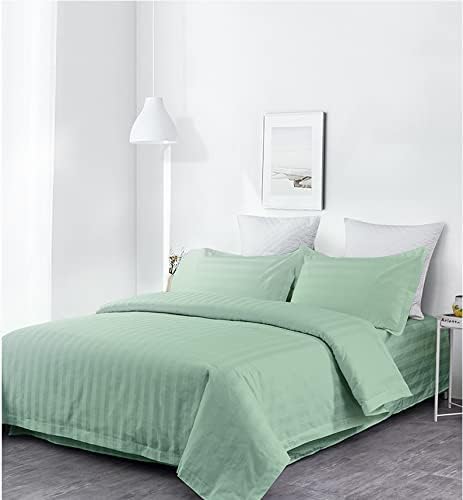 Lasin Luxury 100% Cotton Duvet Cover Set - Super Soft King Size Bedding with Pillowcases & Fitted Sheet, Stripe Green Design for Comfortable Sleep & Bedroom Decor