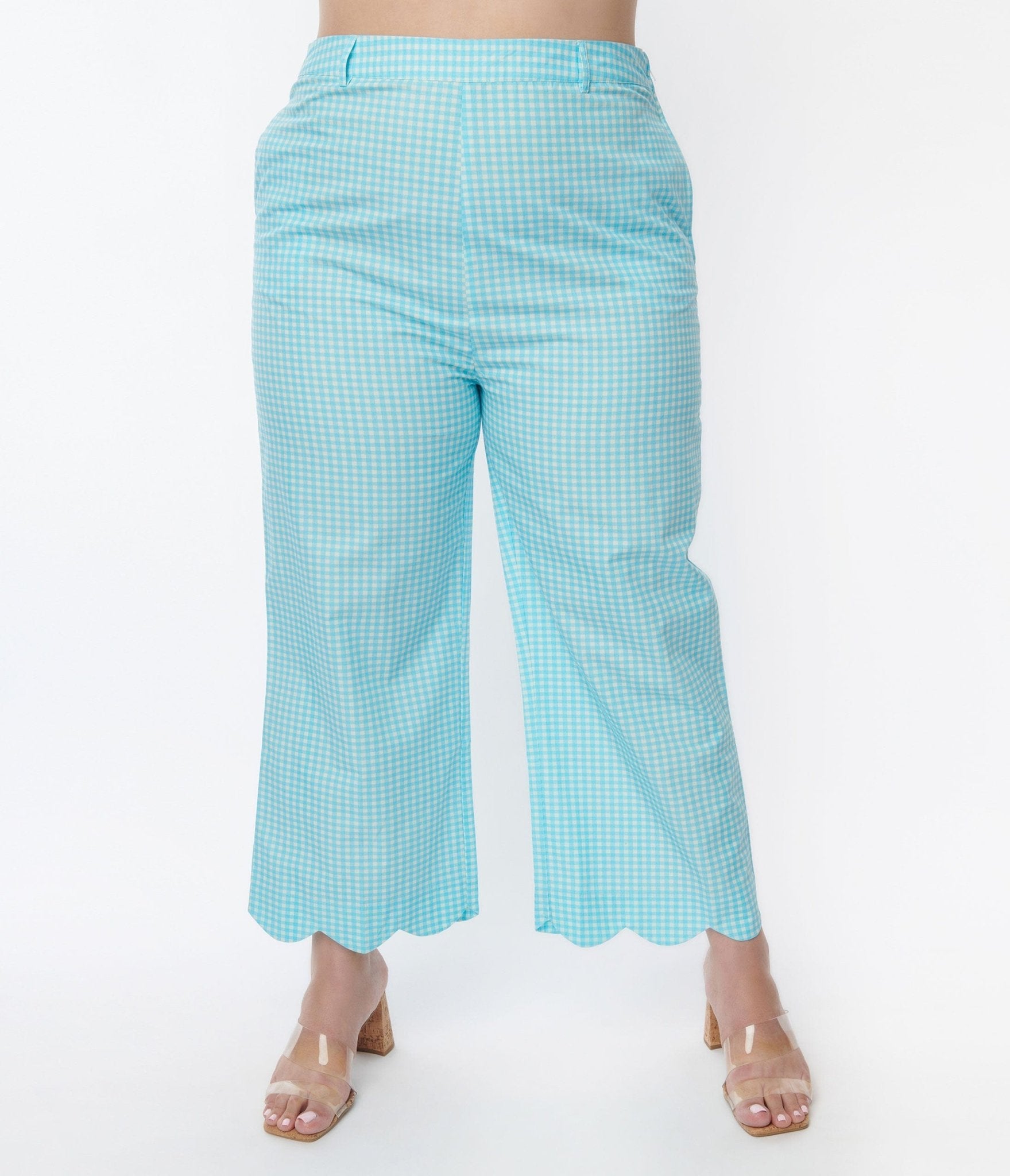 Sky Blue Gingham Scalloped Top & Pants Set for Women - Cute Summer Outfit for Beach, Picnic & Casual Wear