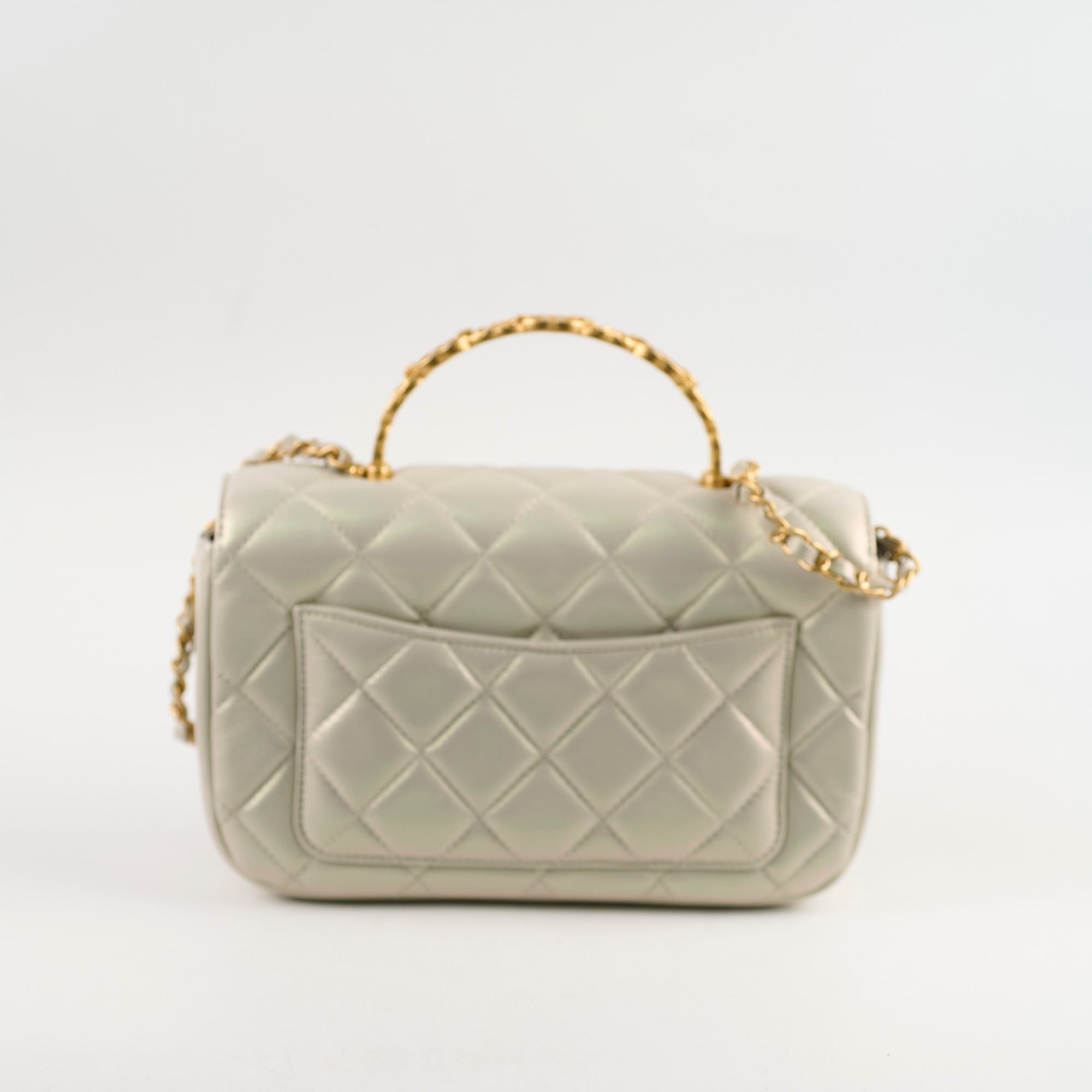 Chanel Iridescent Pearl Flap Bag with Top Handle - Microchipped Authentic Luxury Handbag for Women | Perfect for Evening Parties, Weddings & Special Occasions