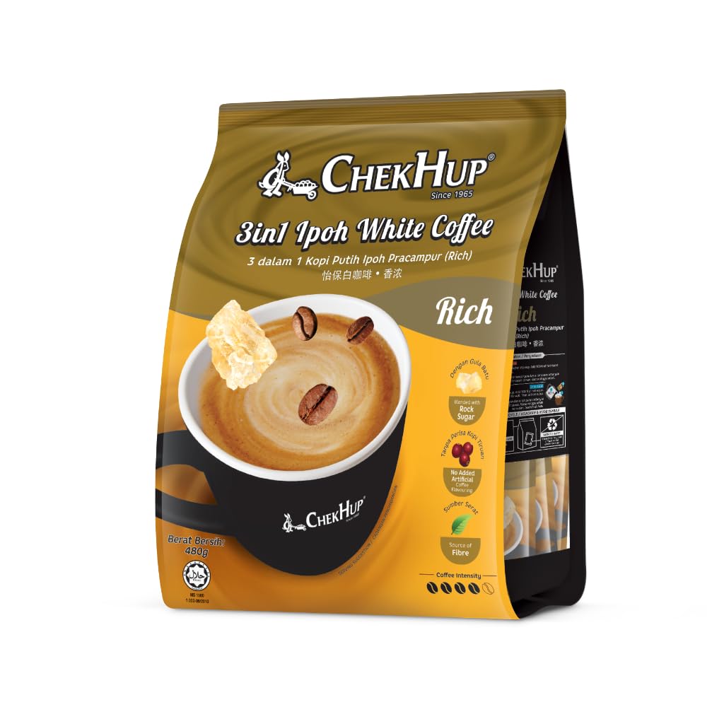 Chek Hup 3-in-1 Ipoh White Coffee King with Rock Sugar - 12 Sachets (10 Pack) - Premium Instant Coffee Blend for Home, Office & Travel