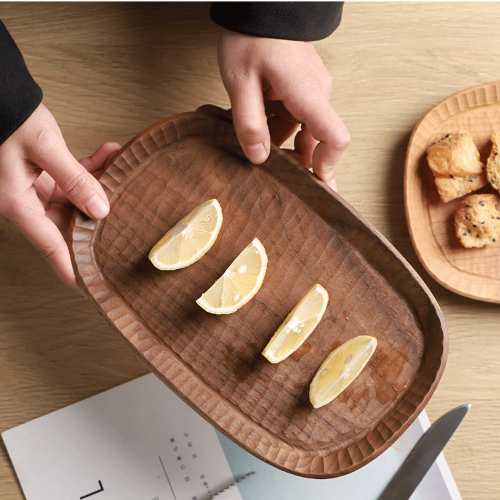 Handcrafted Wooden Serving Tray - Decorative Multi-Purpose Tray for Food, Snacks, Fruits | Rustic Home Decor Serving Plate | Perfect for Entertaining, Dining, and Kitchen Organization (Brown)
