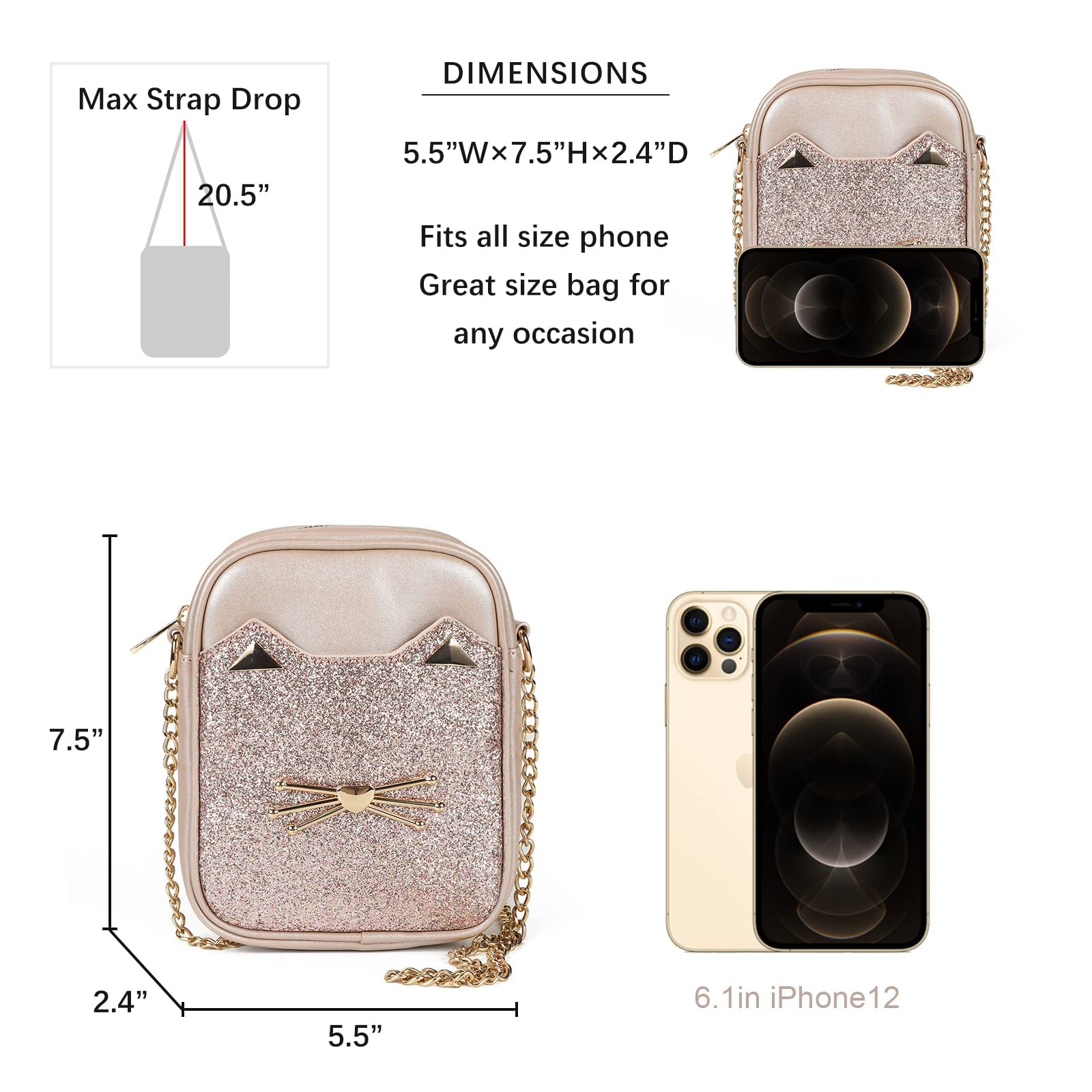 Sparkly Cat Crossbody Purse for Women & Teen Girls - Small Cute Shoulder Bag with Chain Strap - Perfect Gift for Birthday, Party & Daily Use