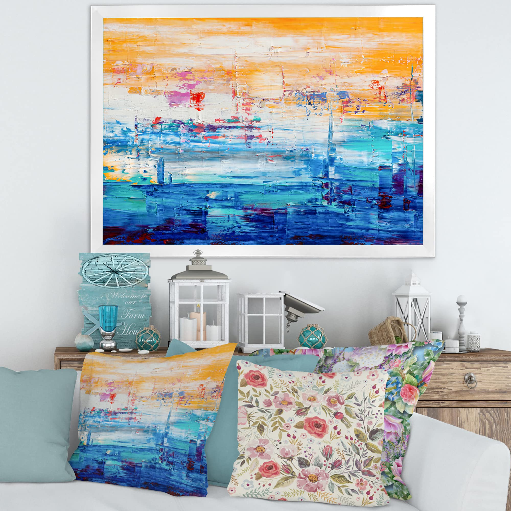 Abstract Modern Framed Wall Art - Orange & Blue Contemporary Painting for Living Room, Bedroom & Office Decor | DesignQ