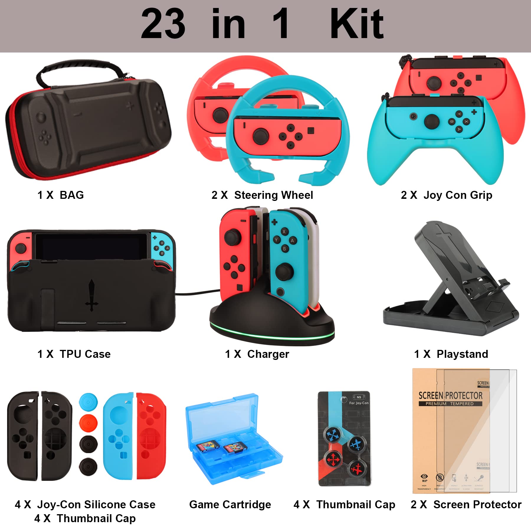 Premium Nintendo Switch Accessories Bundle - 23-in-1 Kit with Carrying Case, Steering Wheels, Screen Protectors, Charging Dock, Joy-Con Grips & Thumbstick Caps - Perfect for Gaming On-The-Go, Travel Protection & Enhanced Gameplay Experience
