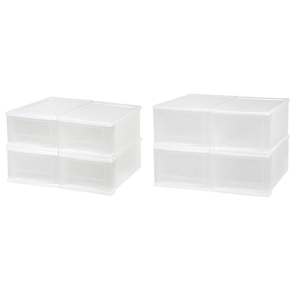 IRIS 7 Quart & 17 Quart Stackable Plastic Storage Drawers, 4-Pack Set in White - Perfect for Closet Organization, Pantry Storage, and Home Office Supplies