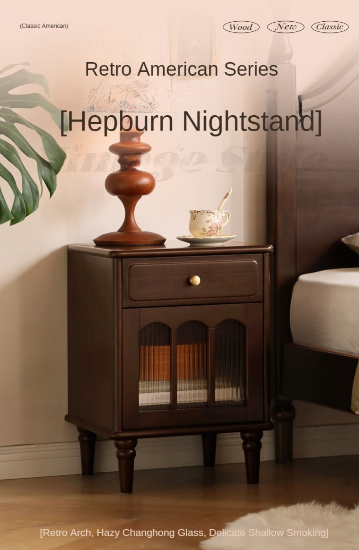Solid Wood Poplar Nightstand - American Retro Style Bedside Table for Bedroom, Living Room & Guest Room