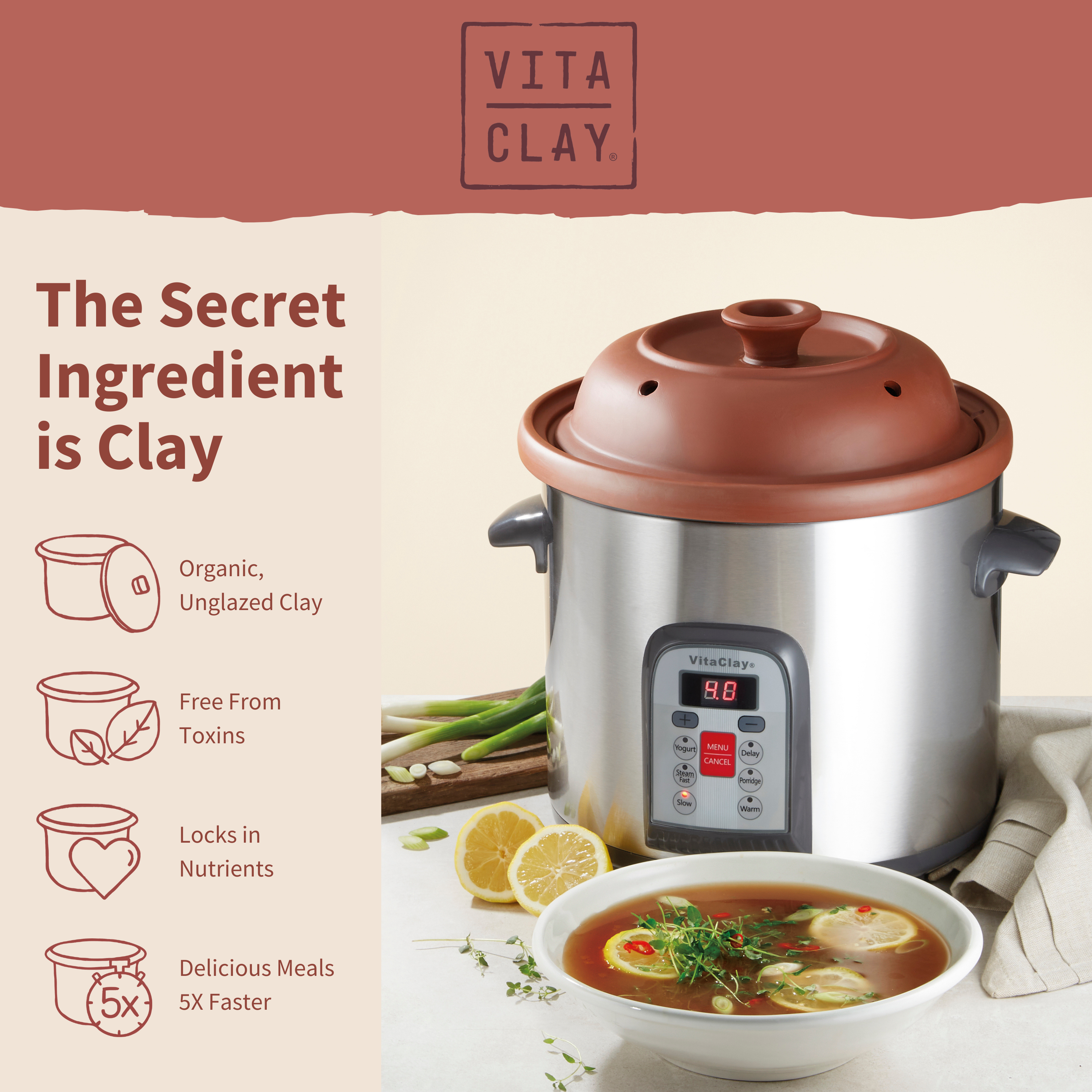 Vitaclay VM7800 6-in-1 Organic Clay Slow Cooker & Stock Pot - 6 Quart, Healthy Ceramic Rice Cooker, Steamer & Multi-Crock for Soups, Stews & Family Meals | Perfect for Home Cooking & Meal Prep