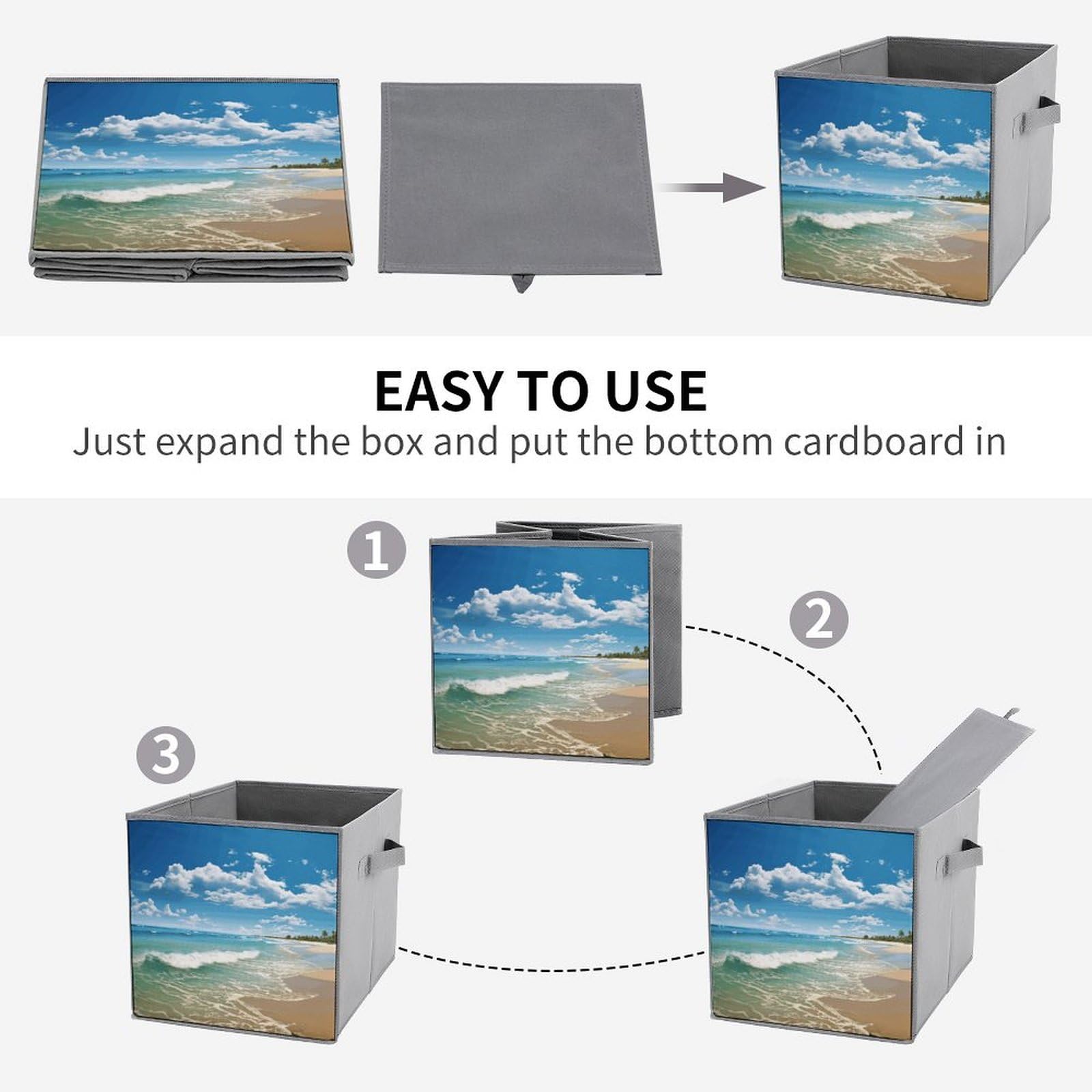 2PCS Foldable Storage Bins - Sandy Beach Printed Large Capacity Storage Boxes with Handles for Playroom, Office & Home Organization | Perfect for Toys, Books, Clothes & Household Items Storage