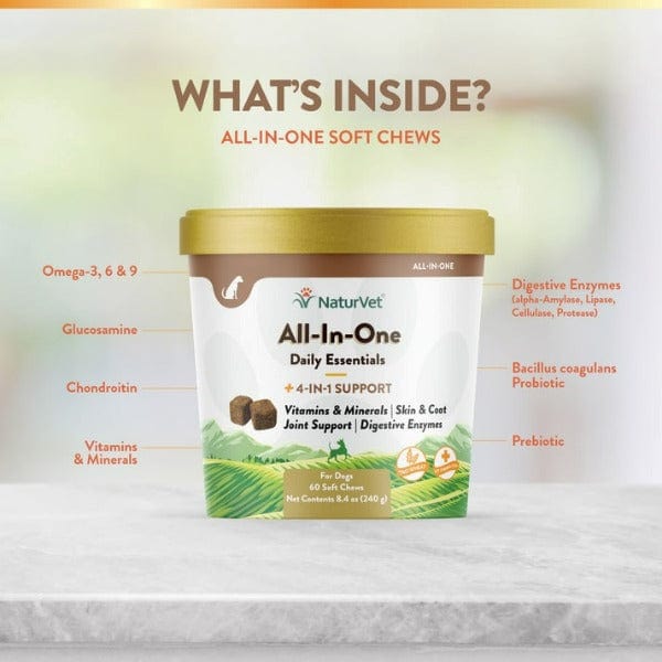 NaturVet All-In-One Soft Chews for Dogs - Joint Support, Skin & Coat, Digestion & Immune Health - Tasty Daily Supplement for Small & Large Breeds - Perfect for Active Dogs & Senior Pets