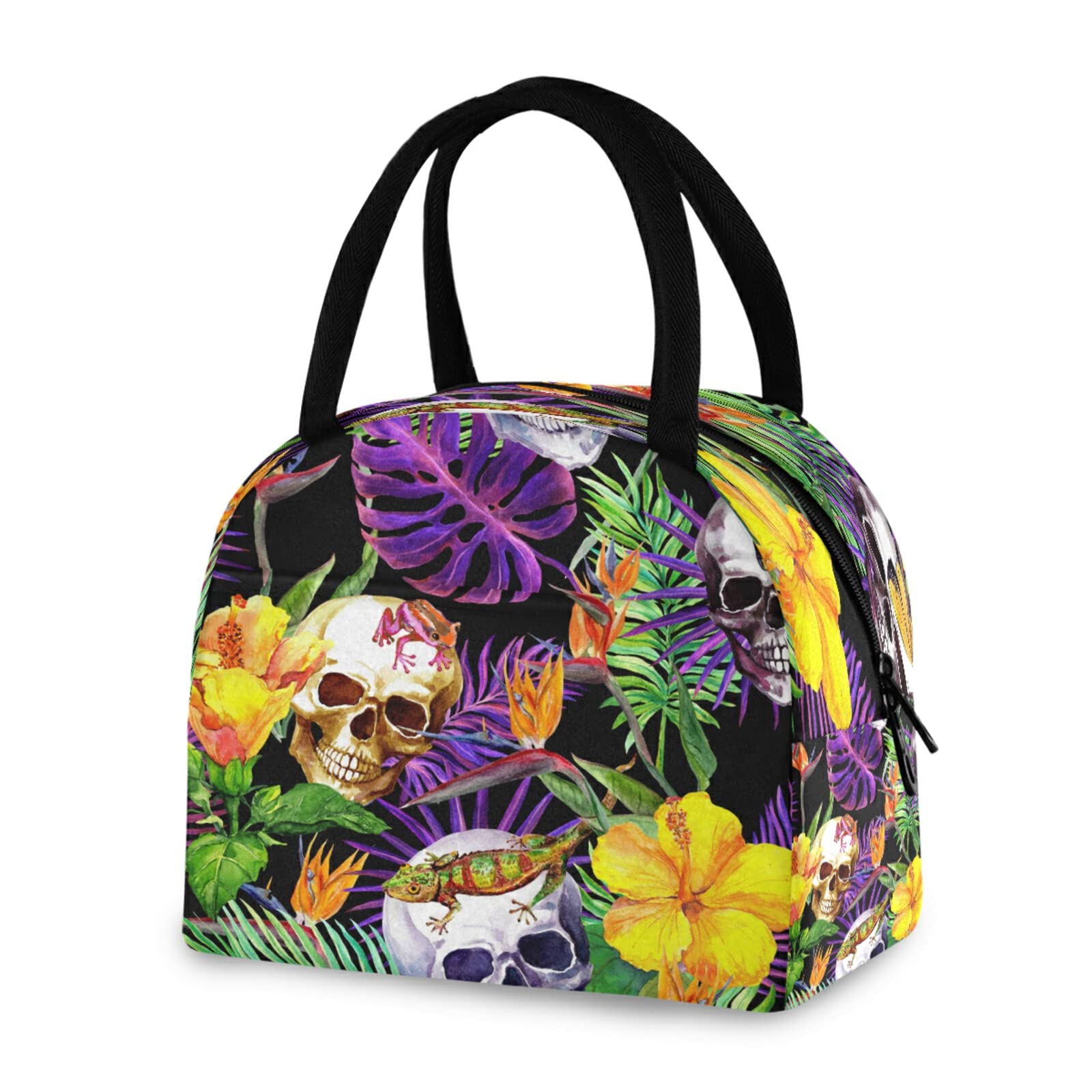 **Insulated Lunch Bag with Sugar Skull & Tropical Flower Design - Leakproof Zippered Lunch Tote for Women & Men - Large Cooler Bag with Front Pocket - Perfect for Work, School, Picnics & Travel**