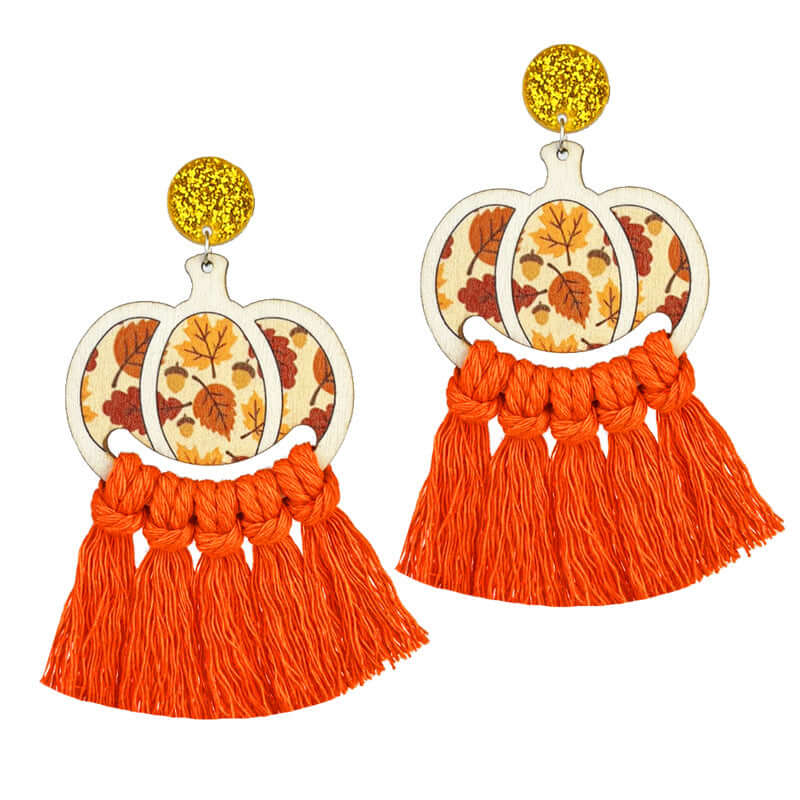 Thanksgiving Turkey Pumpkin Tassel Earrings for Women - Handmade Woven Fall Autumn Leaf Dangle Earrings | HY0910 | Perfect for Thanksgiving Party, Autumn Festival, Halloween Costume Accessories