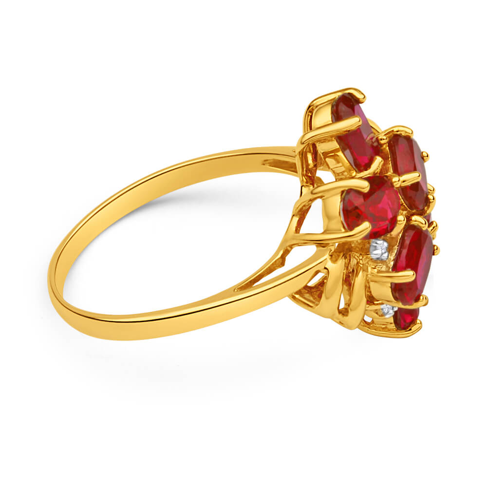 9ct Yellow Gold 6 Oval Created Ruby and 3 Diamond Ring for Women - Elegant Wedding, Engagement & Anniversary Jewelry Gift