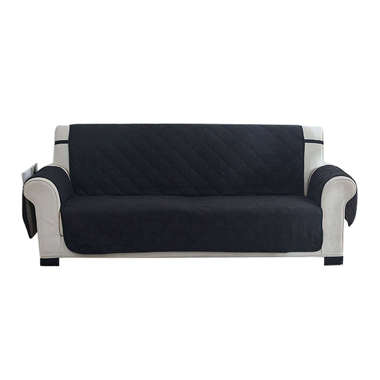 Waterproof Quilted Sofa Slipcover for 3-Cushion Couch - Washable Furniture Protector with Elastic Straps - Pet & Kid Friendly Sofa Cover - Black - 3 Seater - Perfect for Living Room, Family Room & Pet Owners